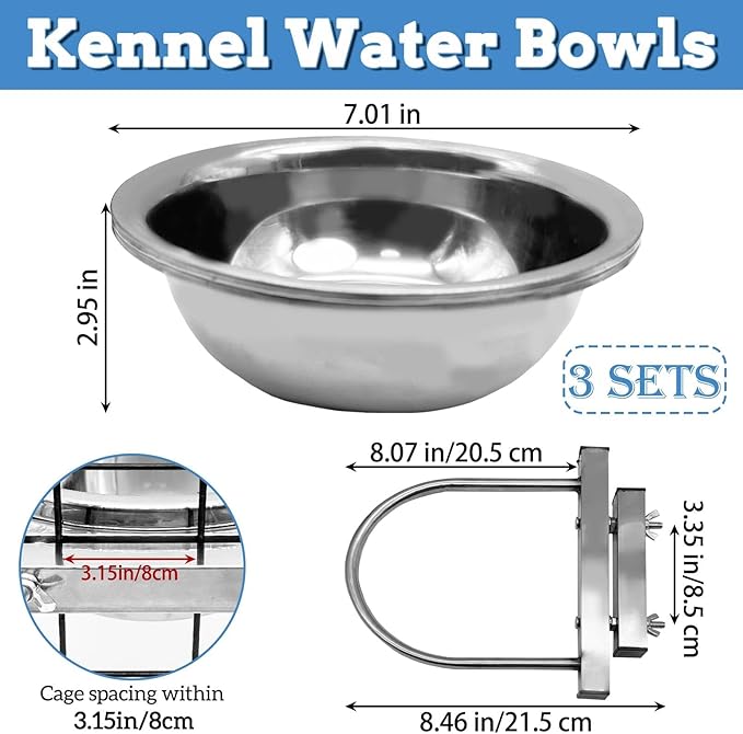 kathson Kennel Water Bowl 3 Sets Hanging Cage Crate Bowl Anti-Spill Pet Metal Bowl Stainless Steel Detectable Bowls Crate Feeder Dish for Medium and Small Sized Dogs Cats Pets (7.0 x 3.0in)