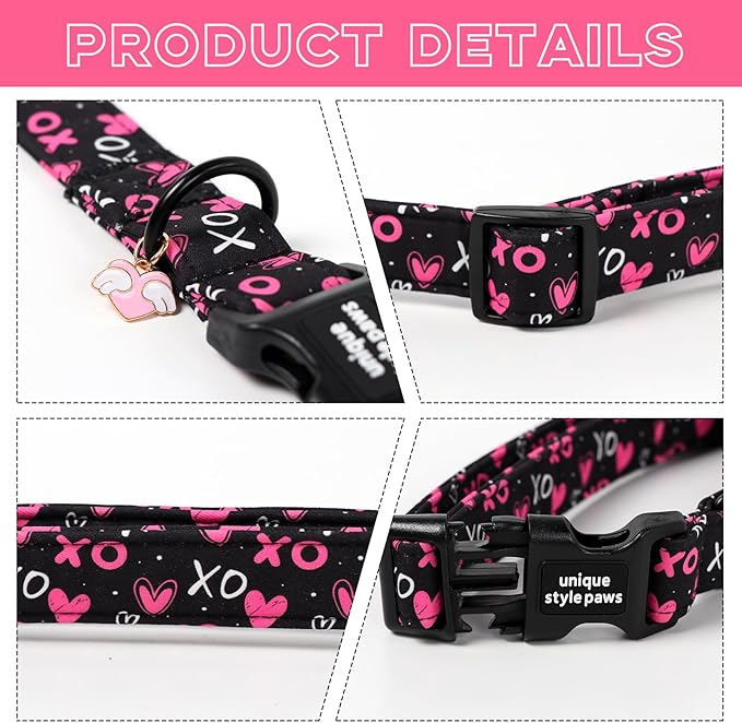 Unique Style Paws Valentine Dog Collar Plastic Buckle with Pendant BlackBerry Love Heart Cotton Puppy Collars for Small Medium Large Dogs