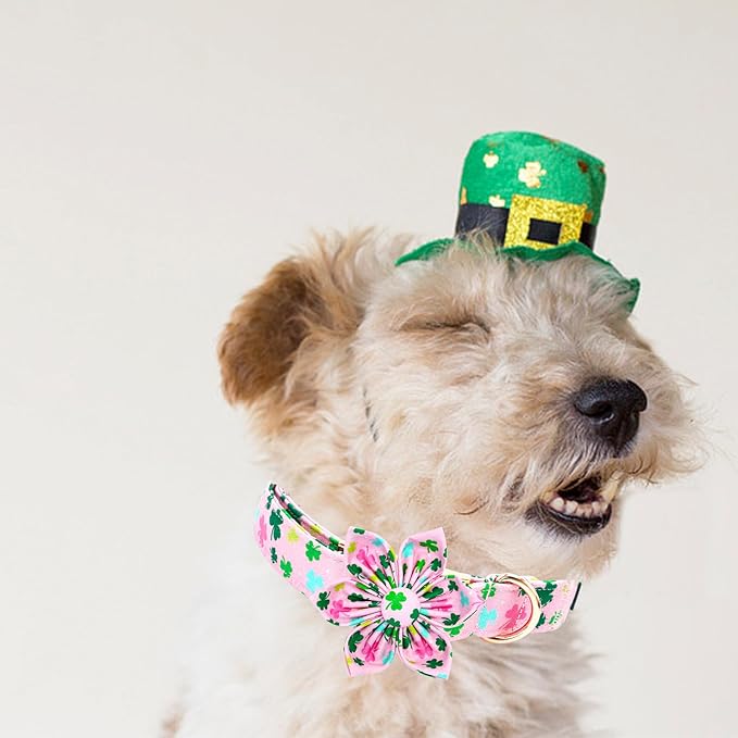 Elegant little tail St Patrick's Dog Collar with Flower Green Cute Colver Cotton Shamrock Pet Collar Trefoil Puppy Collar Flower Holiday Adjustable Cotton Pet Collar for Small Medium Large Dogs