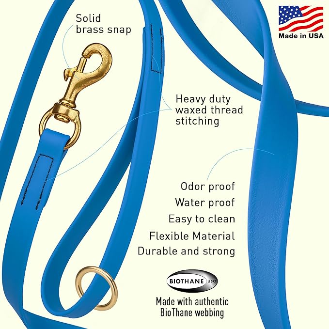 Viper Biothane K9 Working Dog Leash Waterproof Lead for Tracking Training Schutzhund Odor-Proof Long Line with Solid Brass Snap for Puppy Medium and Large Dogs 6ft, Cerulean Blue