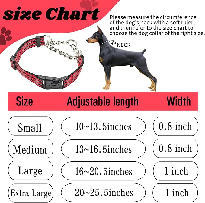 Martingale Dog Collars, Reflective Nylon Collar with Stainless Steel Chain, Adjustable Walking Training Dog Collars with Quick Release Buckle, Suitable for Small Medium Large Dogs(Red,XL)