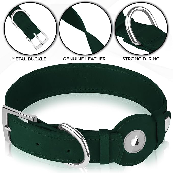 Leather Dog Collar with Airtag Holder - Apple Air Tag Dog Collars - Soft Tracking GPS Pet Collar for Small Medium Large Dogs Breed Puppy (Green, M, 12"-15" Neck Fit)