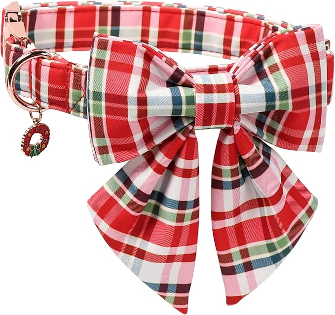 DOGWONG Christmas Dog Collar with Bow Tie - Christmas Red Plaid Puppy Collar, Adjustable Red Grid Dog Collars for Girl Boy Dogs, XS