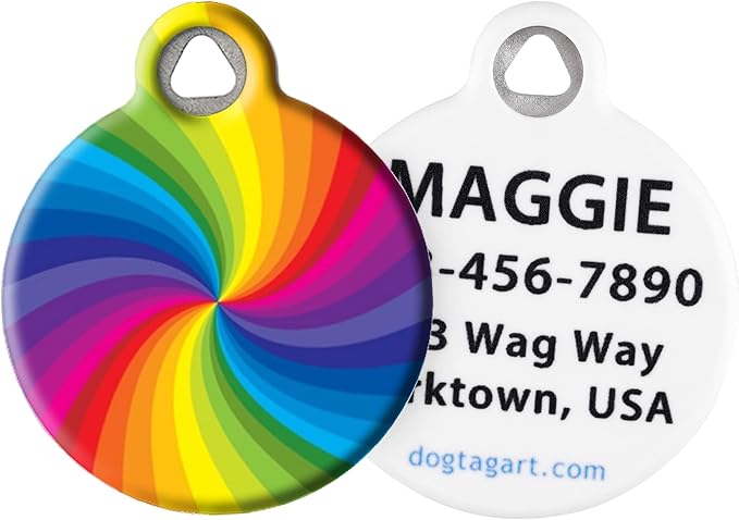 Dog Tag Art Vintage Retro Rainbow Custom Pet ID Tag for Dogs and Cats, Personalized Dog Tag with Customized Identification Information, Rainbow Swirl 1, Small (7/8" Diameter)