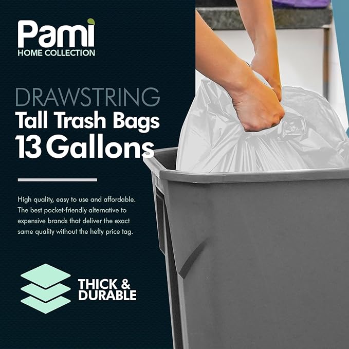 PAMI Tall 13-Gallon Kitchen Drawstring Trash Bags [60 Pack - White]- Extra-Strong Plastic Garbage Bags- Thick Trash Can Liners For Kitchen, Bathroom & Outdoor Bins- 2ft x2ft Unscented Trash Bags