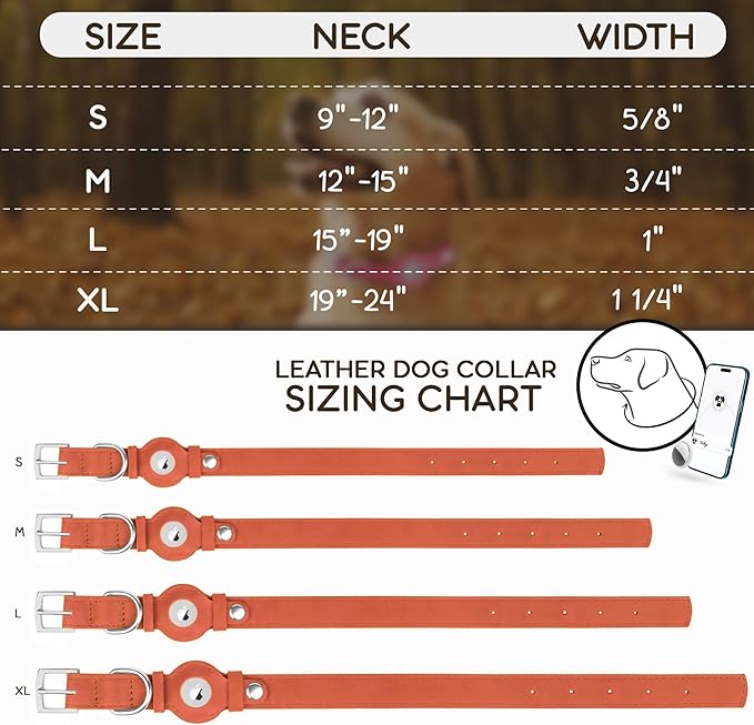 Leather Dog Collar with Airtag Holder - Apple Air Tag Dog Collars - Soft Tracking GPS Pet Collar for Small Medium Large Dogs Breed Puppy (Tawny, S, 9"-12" Neck Fit)