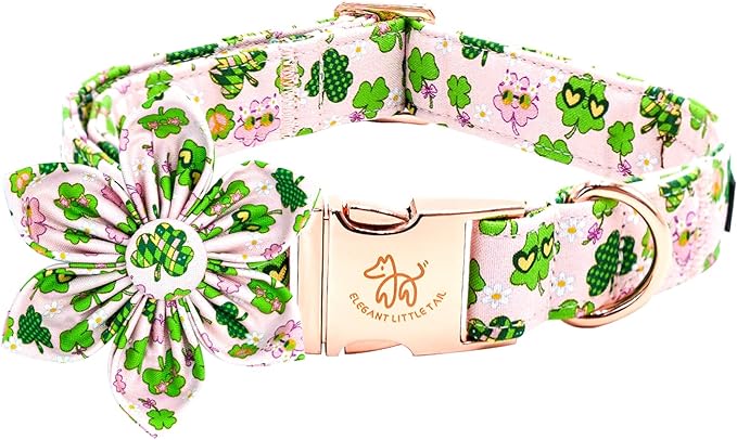 Elegant little tail St Patrick's Dog Collar with Flower Pink Cute Colver Cotton Shamrock Pet Collar Trefoil Puppy Collar Flower Holiday Adjustable Cotton Pet Collar for Small Medium Large Dogs