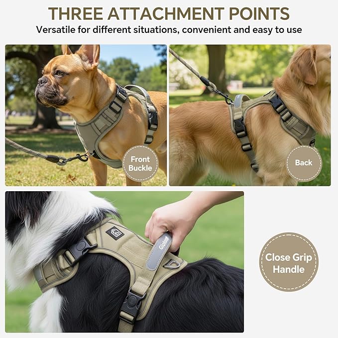 Heavy Duty Tactical Dog Harness for Small Dogs, No Pull Dog Harness with Handle & Front Clip, Reflective Soft Padded, Hook and Loop Panel, Dog Vest for Walking, Service Training, Khaki