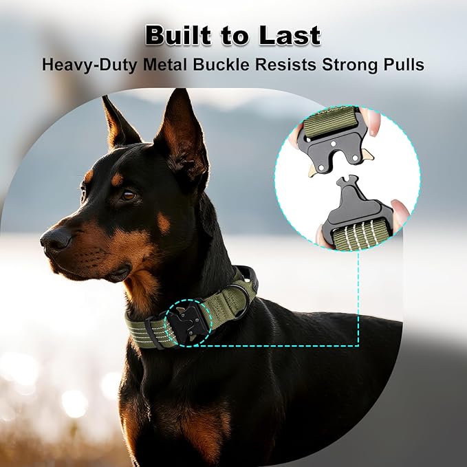 Plutus Pet Tactical Dog Collar with Tracker Pocket for AirTag, Adjustable Reflective Nylon Collar, Metal Buckle, Leather-Wrapped Handle, Soft Padded for Medium Large Dogs (Ranger Green, S)