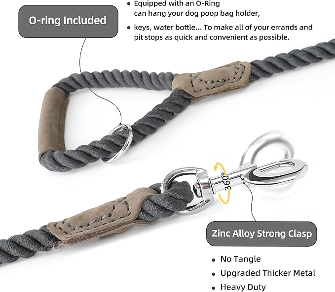 Mile High Life Dog Leash, Braided Cotton Rope Leashes with Leather Handle - Heavy Duty Metal Clasp, 5FT, 1/2" Thick - Wedding, Walking & Training Leash for Small Medium Large Dogs (Gray)
