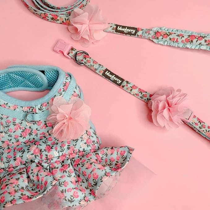 Blueberry Pet Made Well Cute Floral Print Adjustable Dog Collar in Light Blue with Pink Artificial Silk Flower, Large, Neck 18"-26"