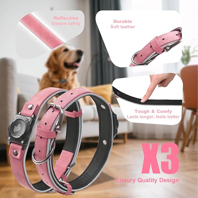 Leather AirTag Dog Collar - IPX8 Waterproof Dog Collar with AirTag Holder|Reflective, High - End, Adjustable Soft Padded |Dog GPS Collar Tracker Fit for Medium Large Dogs (PINK,M）