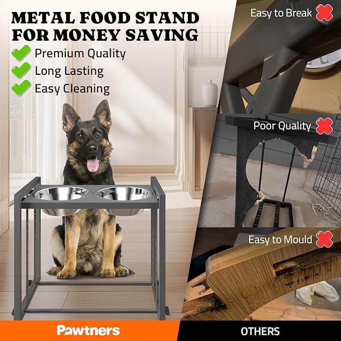 Elevated Dog Bowls for Medium Breed: 4 Height Adjustable Raised Dog Bowl Feeder Station with 2 Stainless Steel Bowls, Grey