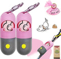 Dog Poop Waste Bags Holder with LED Flashlight|Cute Doggie Poo Bags Dispenser for Pet Leash|Trash Waste Bags Carrier with Potty Bags Clip Fastener LR44 Button Cells Included(2 Pack) (Pink)