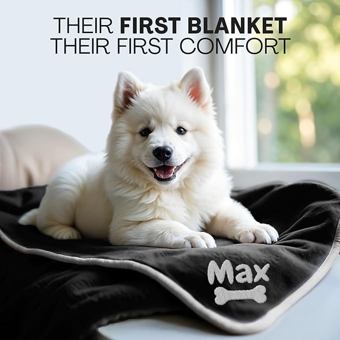 Personalized Puppy Blanket – Custom Embroidered Dog Blanket with Name & Birth Date – Soft New Puppy Gift – Keepsake for Dog Lovers, Pup Moms & New Pet Owners - Black