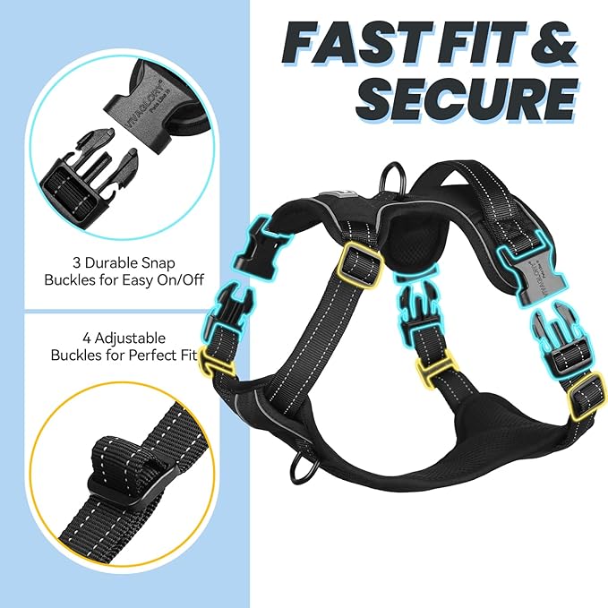 VIVAGLORY Dog Harness Easewalk No Pull Dog Harness with Handle Front Clip & Back Clip for Training Walking Lifting, No Pull Adjustable Easy On Padded Comfortable for Pet, L, Black - Plain