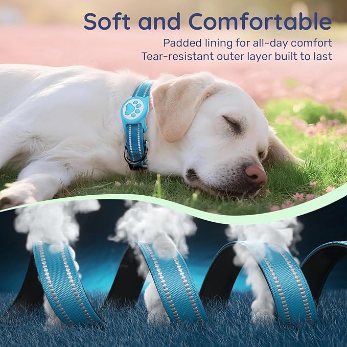 Airtag Dog Collar, Reflective Ultra-Durable Nylon Padded with QR Code Buckle & IP68 Waterproof Air Tag Holder Compatible for Apple AirTag, Comfortable for Small Medium Large Dogs (Blue, XS)