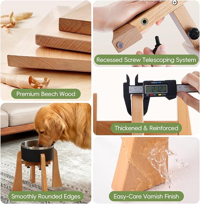 Elevated Dog Bowl Stand - Nature Beech Wood Stand 12-inch High Neck-Protecting Raised Stand for Large Sized Dog Adjustable Bowl Base Non Toxic Pet-Friendly Feeder Stand