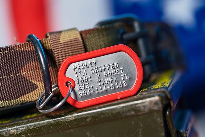 Dog Tags for Dogs, Custom Dog Collar ID Tag Personalized for Pets - Super Tough, Quiet Embossed Military Style Stainless Steel Dog Name tag (Red)