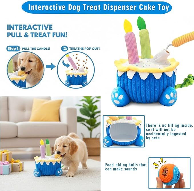4-in-1 Dog Birthday Cake Toy, Interactive Snuffle Puzzle, Funny Dog Toys—Plush Squeaky Treat Dispenser with Cotton Rope, Hide ＆ Seek Enrichment Toy for Small/Medium/Large Dogs, Gotcha Day Party Gift