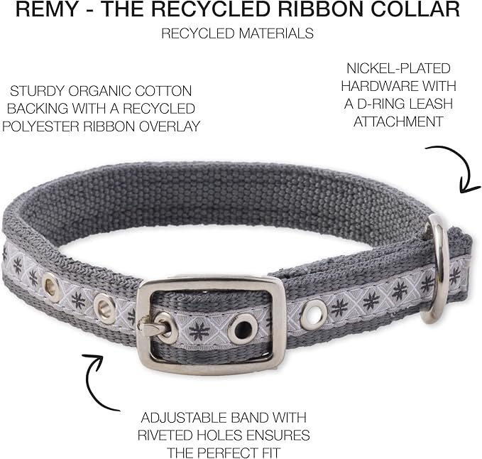Adjustable Recycled Ribbon Dog Collar for All Pet Breeds, Fair Isle Gray, Small