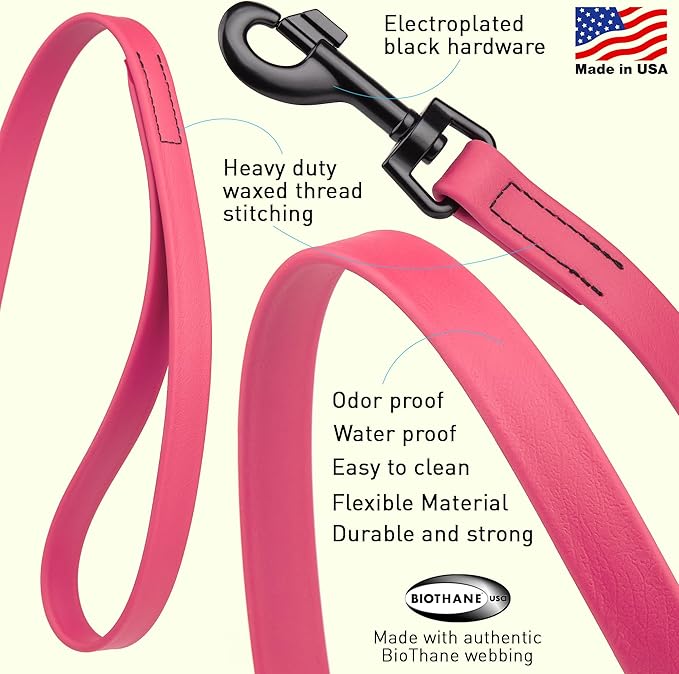 Dogline Biothane Waterproof 6ft Dog Leash Strong Coated Nylon Webbing with Black Hardware Odor-Proof Easy to Clean High Performance for Small or Large Dogs Made in USA 6ft Lead, Passionfruit Pink
