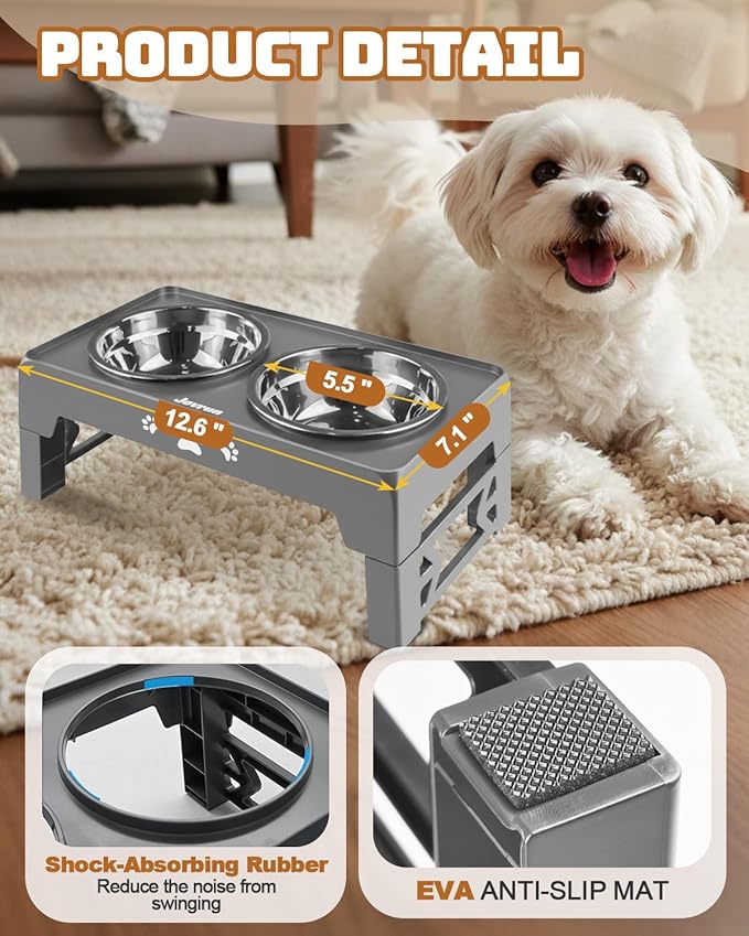 Elevated Dog Bowls, Dog Feeder with 2 Stainless Steel Dishes, 2 Heights Adjustable Raised Stand for Small Dogs, Food Dishes with Non-Slip Feet