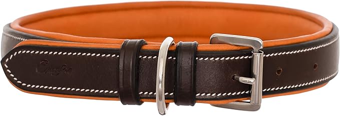 Exion Geniun Leather Dog Collar Designer Stitched Soft Leather Padded- Suitable for Small Medium Large X-Large Dogs for Walking Running- Havana with Conker Padding