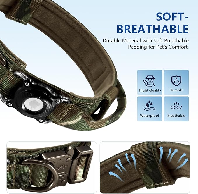 Tactical Dog Collar with AirTag Holder | Heavy Duty & Adjustable GPS Tracking Compatible with Apple AirTag | 100% Waterproof Case & Control Handle for Large Dogs (Camo, XL)