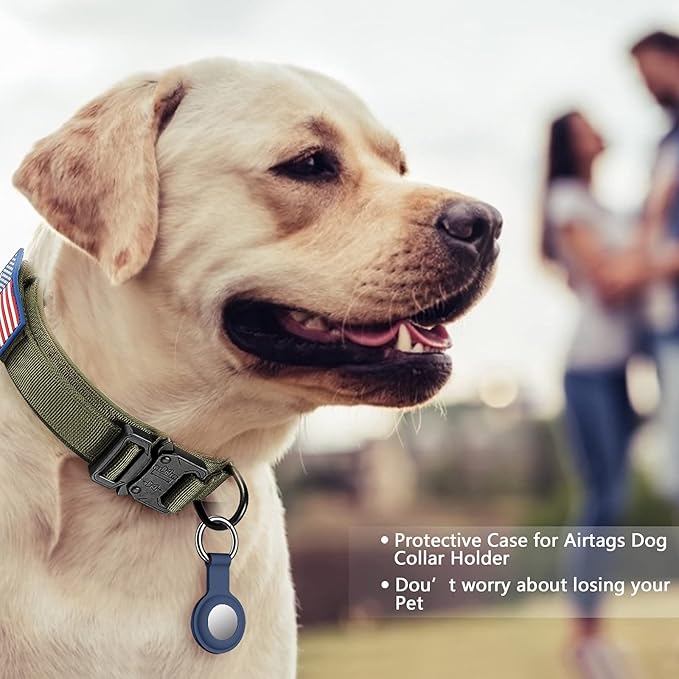 DAGANXI Tactical Dog Collar, Adjustable Military Training Nylon Dog Collar with Control Handle and Heavy Metal Buckle for Medium and Large Dogs, with Patches and Airtags Case (L, Green-Set)