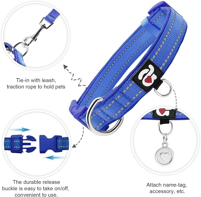 azuza Reflective Dog Collar,Soft Neoprene Padded Pet Collar with ID Tag Ring,Adjustable for Large Dogs,Royal Blue,L