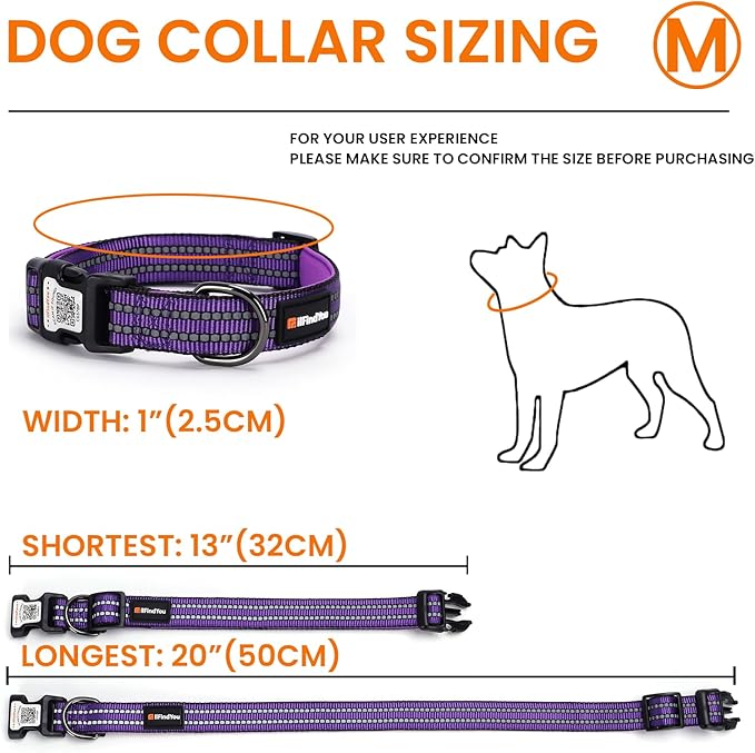 Reflective Dog Collar with QR Code Tag, Personalized Dog Collar, Safety Night Visibility, Anti-Loss Function (Purple, Medium)