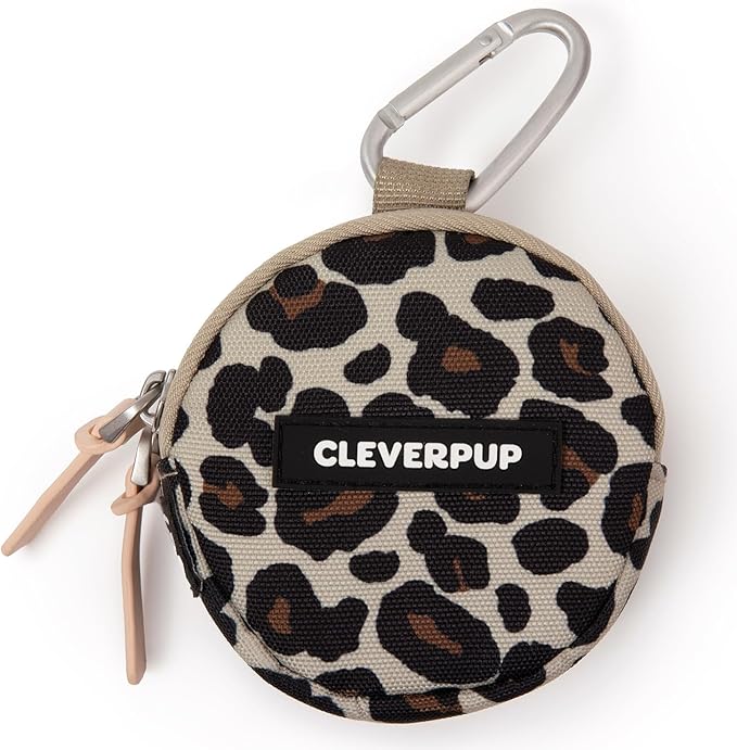 Cleverpup Snackpack Double Insulated Dog Treat Pouch – 1.5 Cup Capacity, 2 BPA-Free Waterproof Zipper Pockets, Carabiner for Belt/Leash – Compact Training & Travel Bag – Leopard