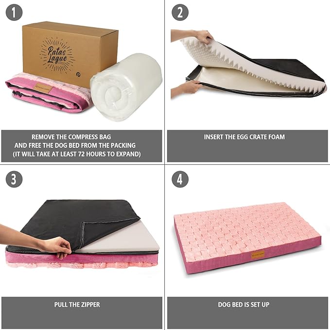 Patas Lague Orthopedic Dog Bed Large Sized Dog 36''X24'', Waterproof Soft Comfortable Egg Crate Foam Large Pet Beds Crate Mat with Removable Washable Cover and Nonskid Bottom, Pink