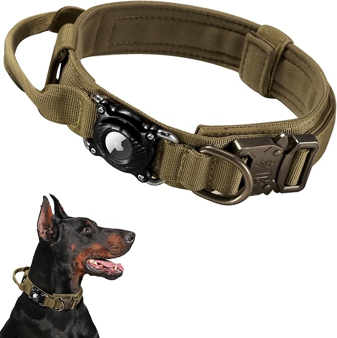 Upgraded AirTag Dog Collar, IP68 Waterproof Air Tag Dog Collar Holder, Ultra-Durable, Comfortable Padded, Heavy Duty Dog Collars for Medium Large Dogs with Smart ID tag(Khaki,XL)