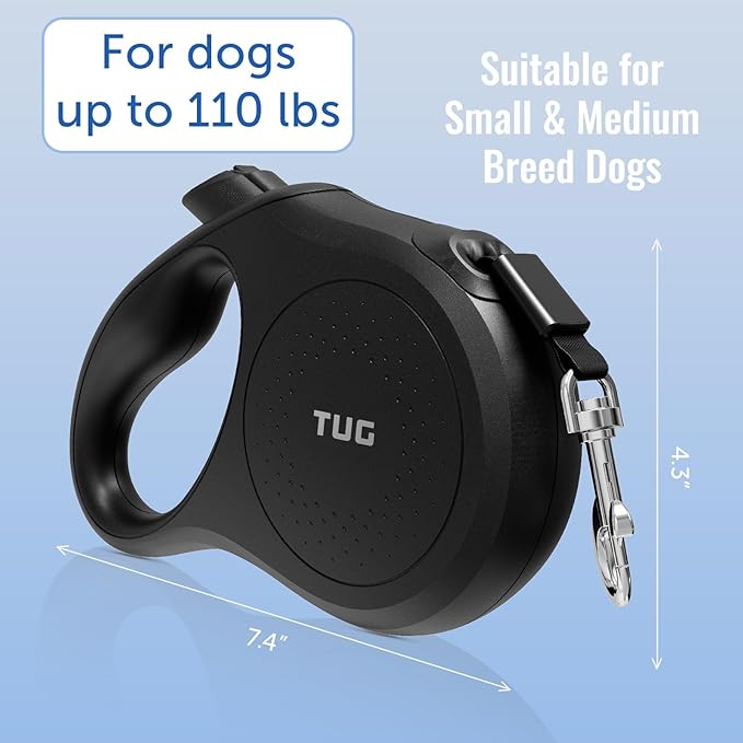 TUG Quest Retractable Dog Leash | 360° Tangle-Free Retraction | 16 ft Strong Nylon Tape (Large, Black)
