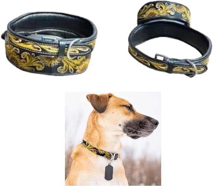 Majestic Ally Genine Leather Dog Collar with Adjustable, Padded Fit for Walking, Hiking, and Running, Designer Western Wear for Puppies, Fancy Customized Colors (Black - Yellow, Extra Small)
