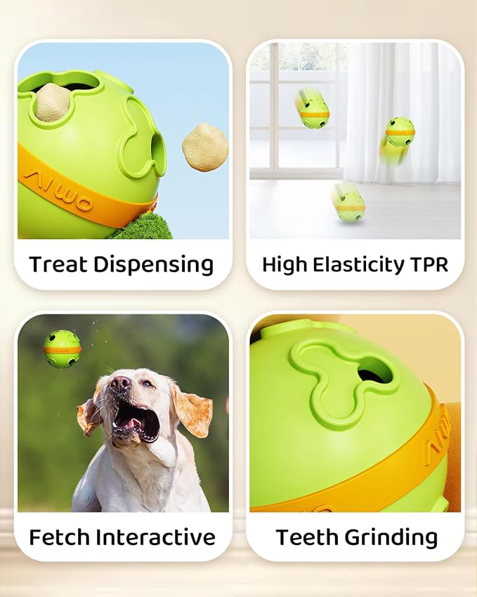 Interactive Dog Treat Dispenser Clover Ball Bite Resistant TPR Puzzle Feeder for All Dog Size Fun Bounce Fetch Toy with Dual Holes, Washable Pet Enrichment Chew Toy for Boredom Relief & Slow Green