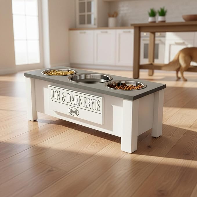 GTW Personalized Elevated Triple Dog Bowl Stand for Large, Medium, Small, X-Small Dogs - 3 Stainless Steel Food and Water Bowls - Raised Dog Dish with Internal Storage (Medium, Grey)