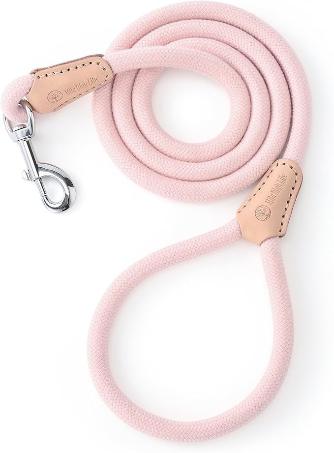 Mile High Life Dog Leash, Rope Leash with Genuine Leather Connection and Heavy Duty Metal Clasp, Great for Small Medium Large Dogs(Pink,72 Inch)