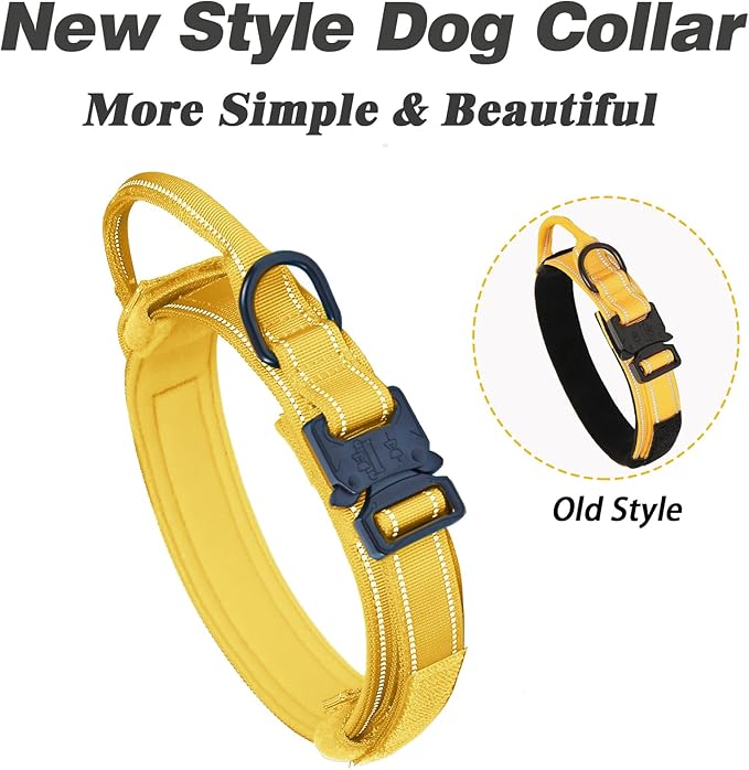 AUBELL Reflective Tactical Dog Collar,Adjustable Military Heavy Duty K9 Collars with Handle and Quick Release Metal Buckle Great for Large Dogs, with Airtag Case and 2 Patches (Yellow,L)