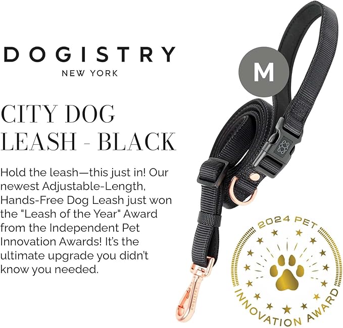 The DOGISTRY - City Dog Leash - Black - Award-Winning Adjustable Hands-Free Design - Luxe Rose Gold Hardware & Style-Forward Functionality - Medium
