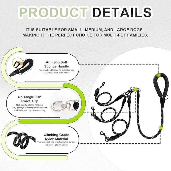 No Tangle 3 Dog Leash - Main Lead Rope with Padded Handle, Three Detachable Leash Splitters, Heavy-Duty Clip, 4.76ft for Walking, Running, Small, Medium, Large Dogs (Black)