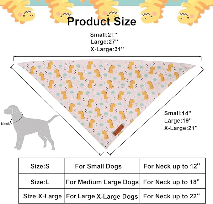 ADOGGYGO Dinosaur Dog Bandanas, Colorful Dino Pattern Pet Scarf, Premium Soft Fabric, Adjustable Fit Dinosaur Bandanas for Small Dogs (Small)