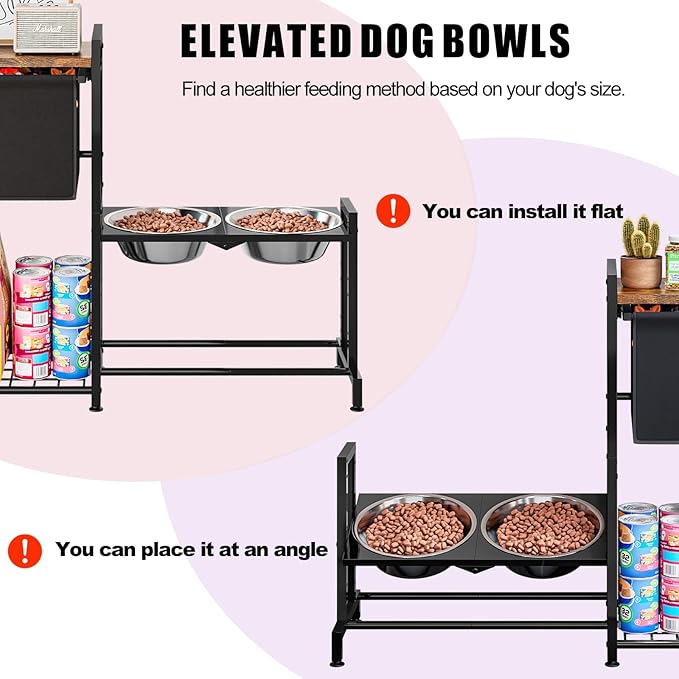 Elevated Dog Bowl with Toy Bin Basket Adjustable Raised Feeding Station Cabinet with 2 Stainless Steel Bowl Pet Storage Organizer for Small Medium Large Dogs and Cats with Non-Slip Mats