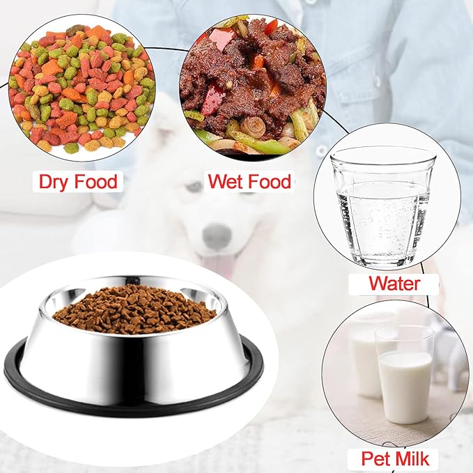 Stainless Steel Dog Bowls, 1.5 Cup/12oz Cat Bowl Water and Food with Rubber Base, Pet Bowls for Small Dogs, Cats, Puppy, Rabbit and Kitten, 3Pack