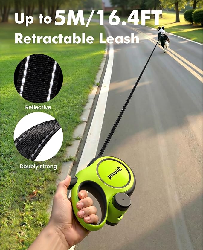 16ft Retractable Dog Leash with 18'' Chew Proof Steel Cable for Power Chewers & Pullers, Heavy Duty Locking for Medium/Large Dogs 33lbs-110lbs, Anti-Tangle & Poop Bag Holder Included(Green)