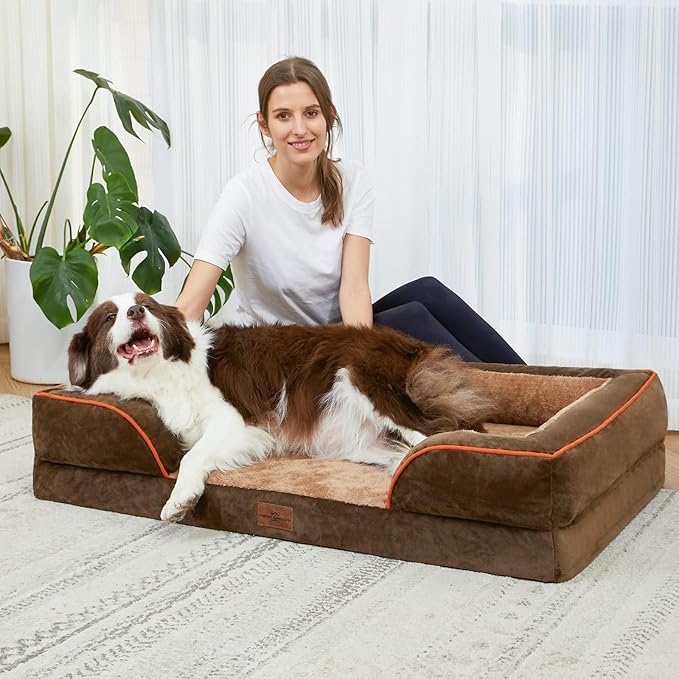 Comfort Expression Orthopedic Dog Bed for Medium Dogs 28x19 Inch, Waterproof Supportive Egg Crate Foam Medium Pet Bed with Removable Bolsters, Dog Couch with Washable Cover & Non-Slip Bottom, Brown