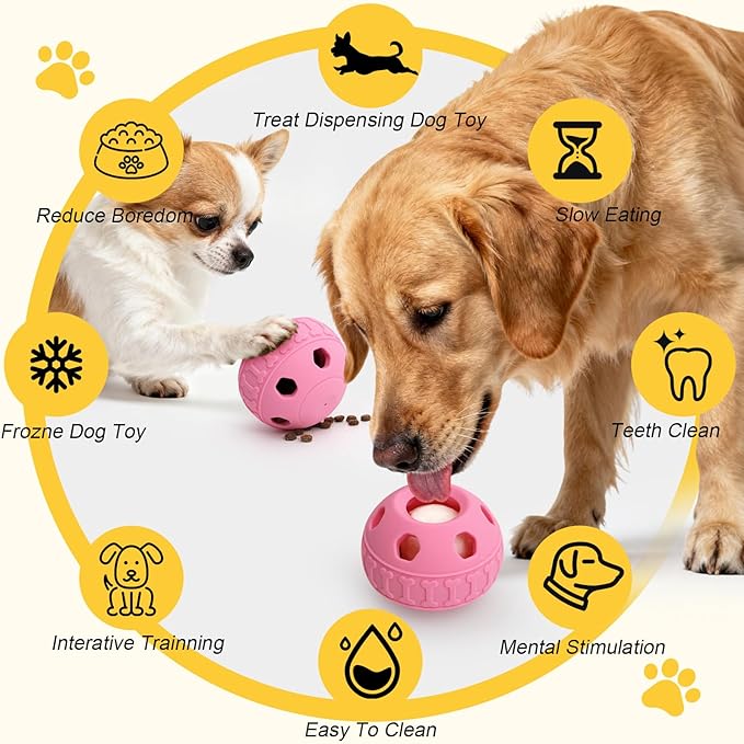 IFOYO Frozen Treat Dog Toy Ball for Small to Medium Dogs, Silicone Enrichment Dog Toys to Keep Them Busy, Reduce Anxiety, Puzzle Treat Dispensing Dog Toys for Slow Food Training, Easy to Clean (Pink)
