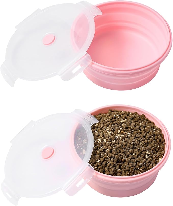 Collapsible Dog Bowls with Lids, 2 Pack Portable Travel Dog Bowls for Small Medium Large Dogs, Silicone Foldable Outdoor Dog Cat Food Water Bowls for Camping Hiking Road Trip, Pink 40 oz